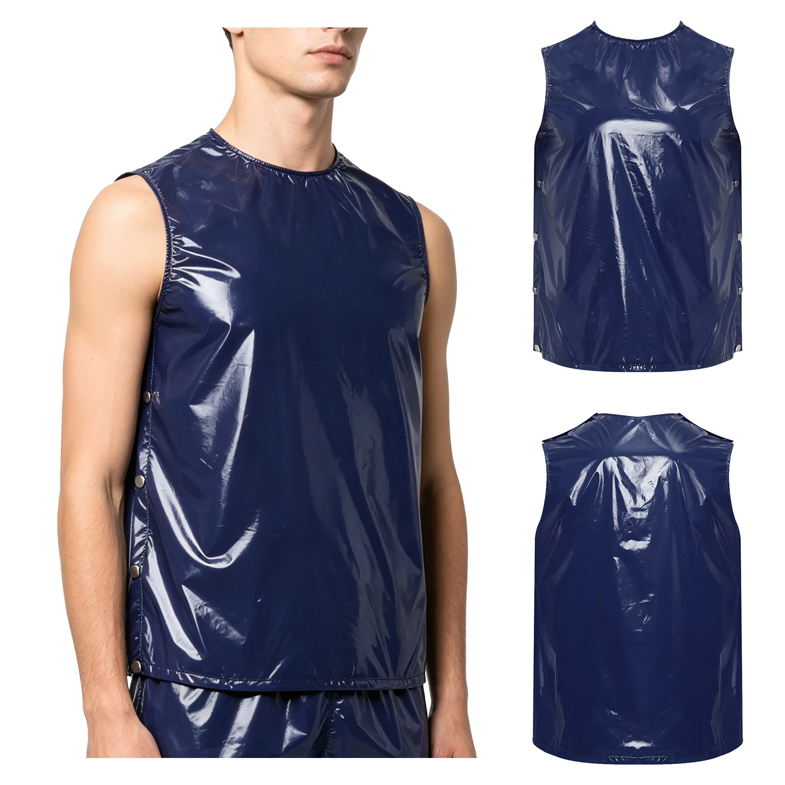 Men Waterproof Glossy Vest Tear-away Buttons Zipper Tank Top Adaptive Clothing Sportswear Swimwear Beachwear Streetwear Clubwear