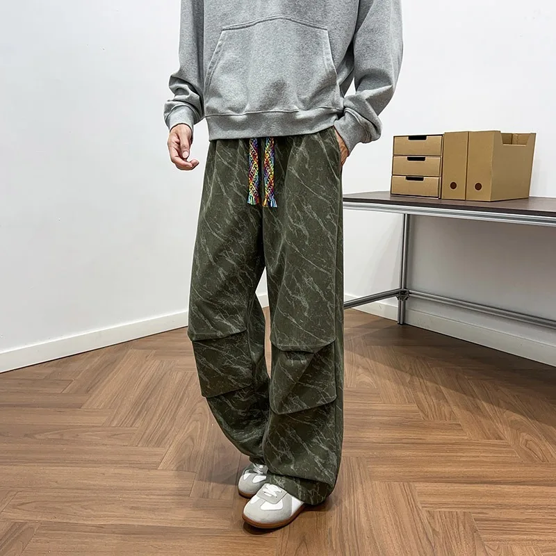 Men's Contrasting Color Elastic High-waisted American Tie-dye Embroidered Drawstring Casual Loose Wide-leg Sweatpants Trousers