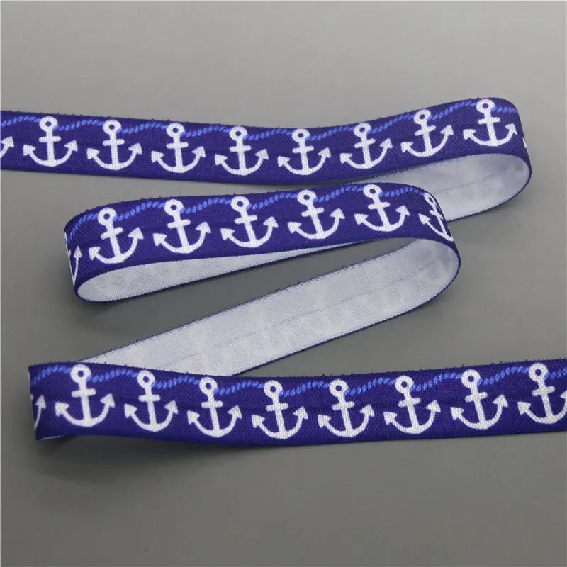 DHK 5/8\'\' 5yards Navy Anchor Fish Scale Whale Sea Animals Summer Printed Fold Elastic FOE Stretch Ribbon Headband DIY C1718