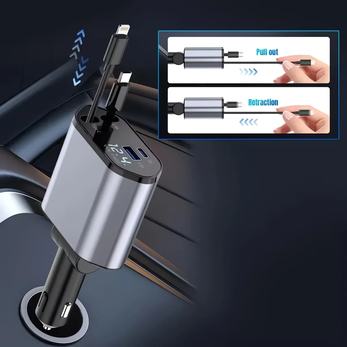 محول شاحن سيارة 120 وات شحن سريع USB نوع C كابل شاحن سريع مع أسلاك قابلة للسحب مناسبة لهاتف iPhone 16/15/14/13/12 Samsung #5