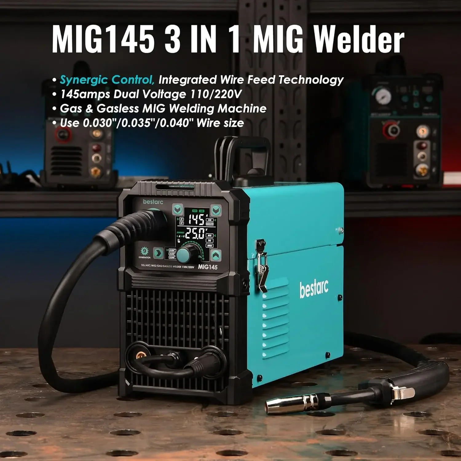 MIG Welder, 145Amps MIG145 Gas Gasless Flux Core MIG Welder/Lift TIG/Stick 3 in 1 Synergic MIG Welding Machine