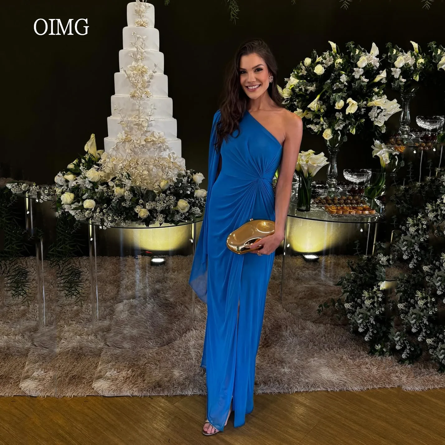 

OIMG Blue One Shoulder Mermaid Prom Gowns Backless Pleated Party Gown Floor Length Evening Dress vestidos de gala Customized