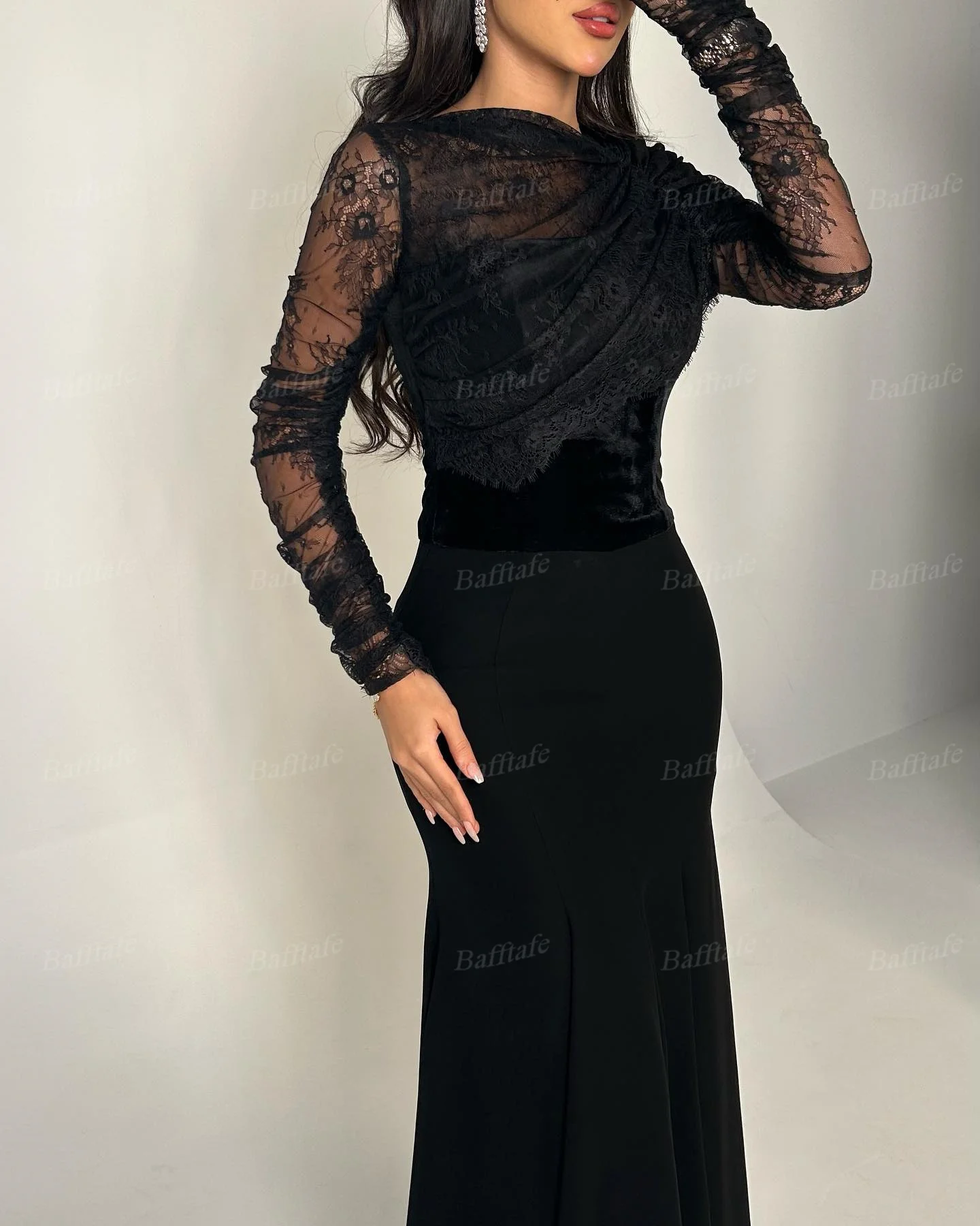 Bafftafe Black Mermaid Evening Dresses Lace Long Sleeve Women Formal Prom Dress Customized Floor Length Bodycon Party Dress