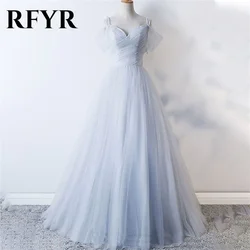 RFYR Blue A-line Evening Dress Corset Off Shoulder Vestidos De Noche Tulle Prom Dress with Pleat Long Party Dress Customized