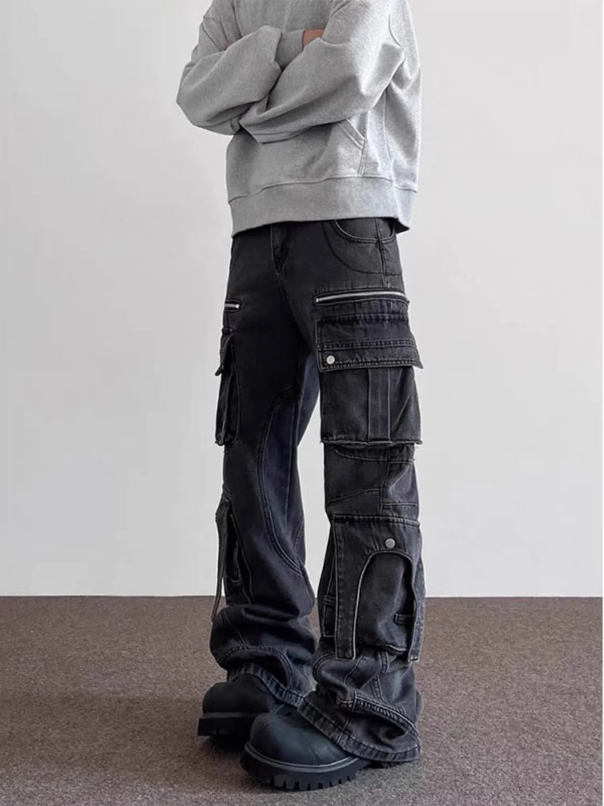 

Мужские джинсы Heavyweight Gunshell с множеством карманов, деконструированный дизайн, американские прямые рабочие брюки, модные свободные джинсы