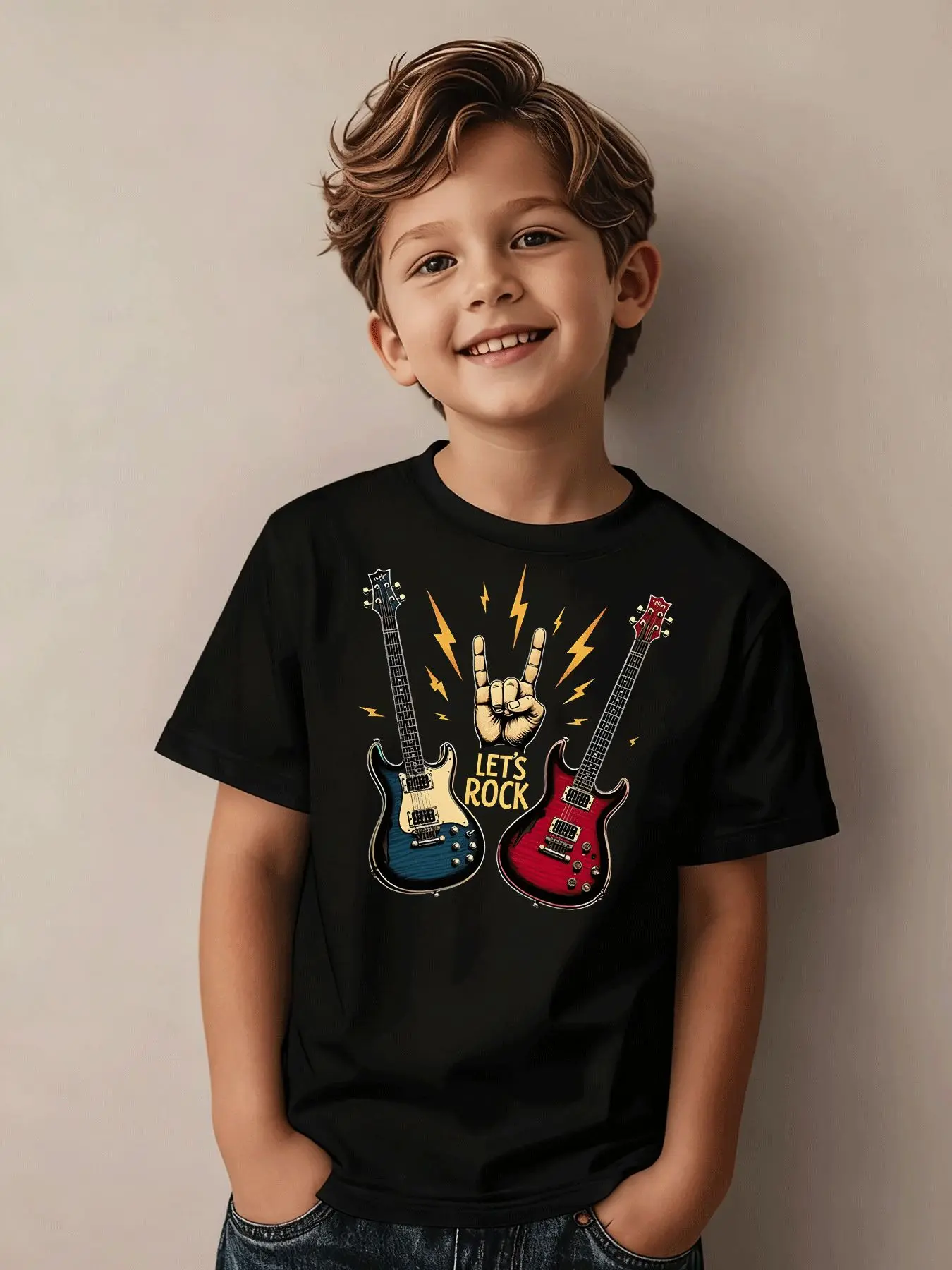 Summer Boys Girls T Shirt Kids Baby Youth Men Women Tee Oversize An Electric Guitar Rock Hand LET'S ROCK Designs Top Streetwear