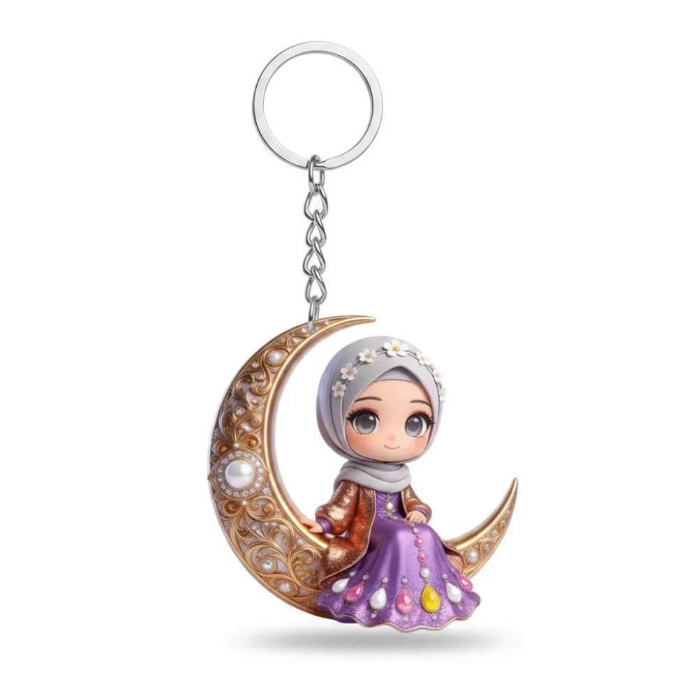 2D Flat Crescent Moon Acrylic Keychain Trendy Hijab Design Cartoon Figure Keychain Beautiful Girls Figure Lightweight