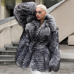 Winter Warm Fox Fur Jacket Women Real Silver Fox Fur Coats With Turndown Collar Fur Coat Womens