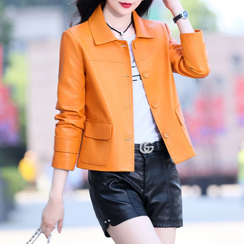 Spring Women's Short Leather Clothes and Autumn Casual Loose Single-Breasted Suit Lapel Office Lady Sheepskin Leather Jackets