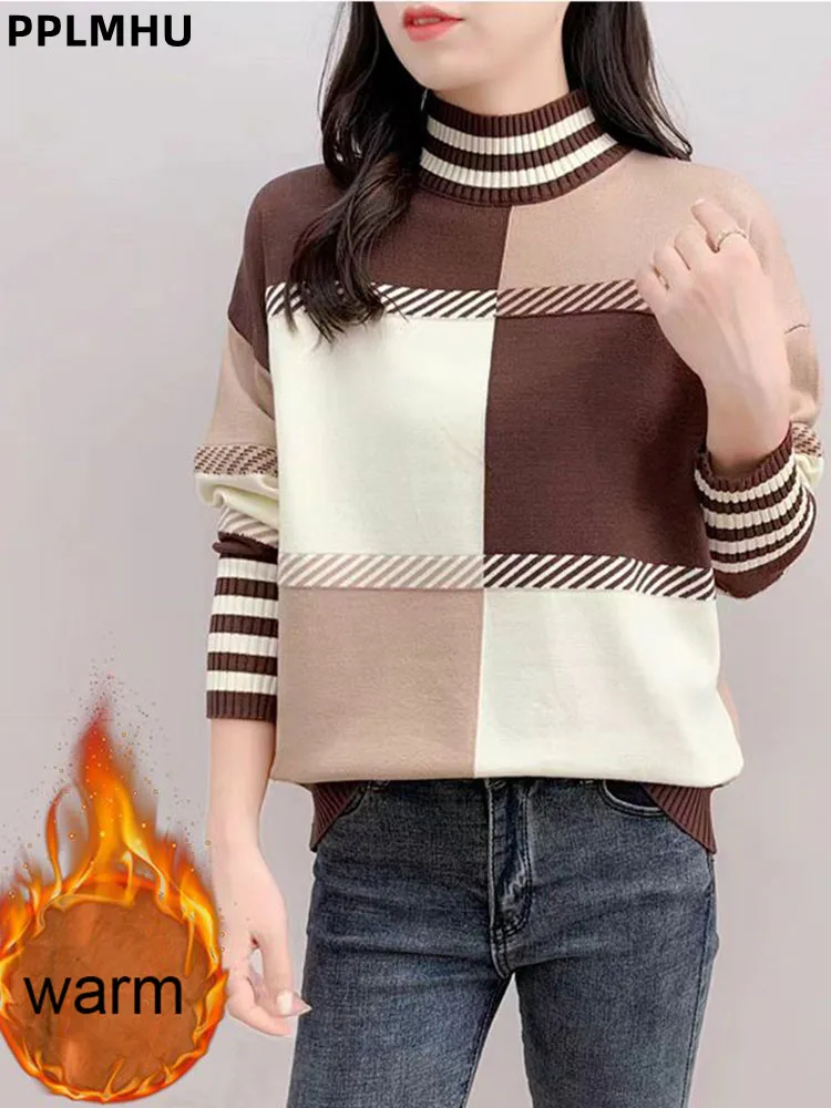 

Плюшевый толстый вязаный свитер с полувысоким воротником, мешковатый женский повседневный трикотаж, пуловер Sueter, модный лоскутный мягкий теплый джемпер