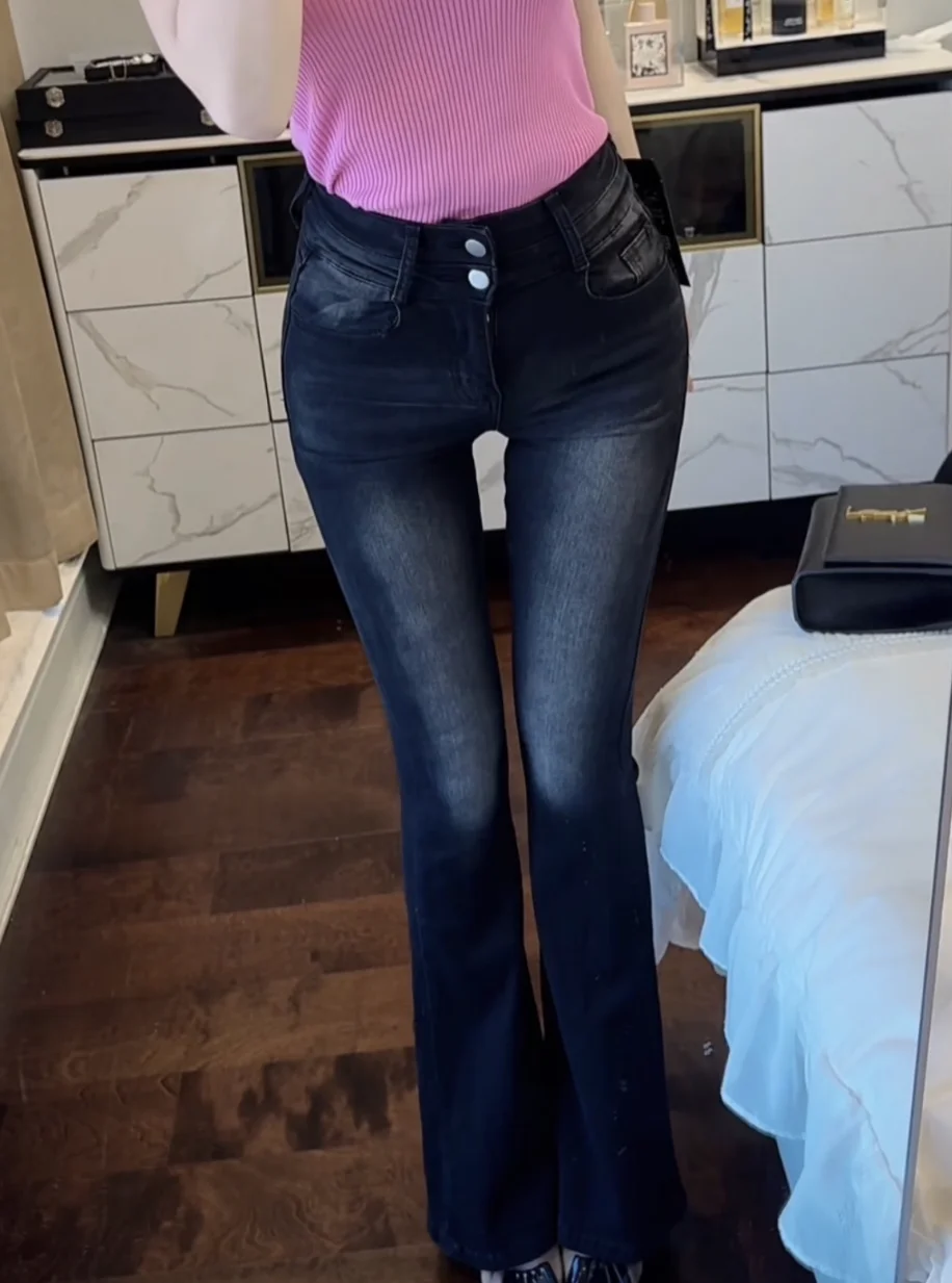 

High Waist Slimming Faionable Retro Faded Double Bule Elastic Micro Flared Pants with Hip Pad Casual Cotton Stretch Denim