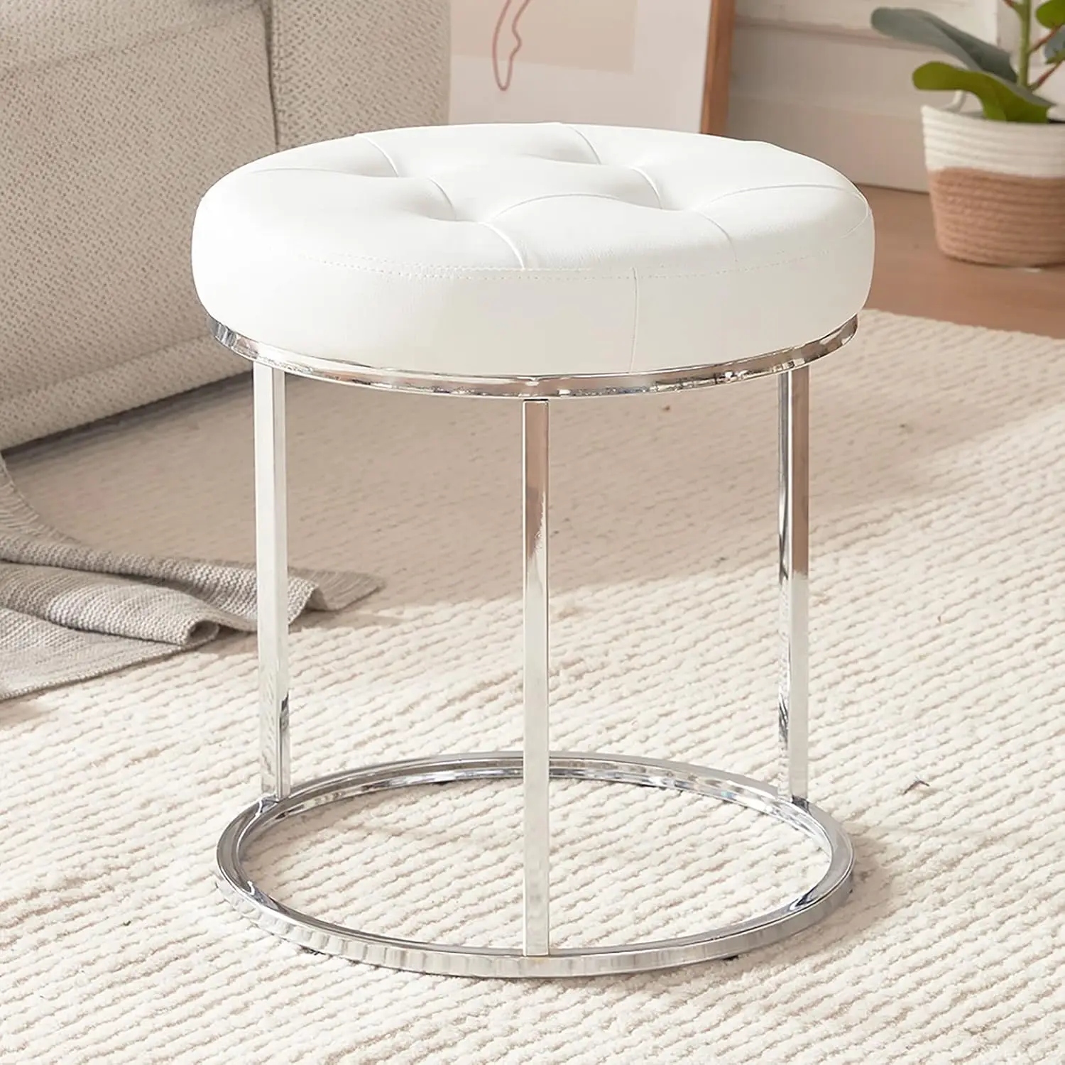 

Faux Leather Ottoman Stool, Vanity Chair Button Tufted Footrest Stool Makeup Stool with Metal Base for Living Room Bedroom