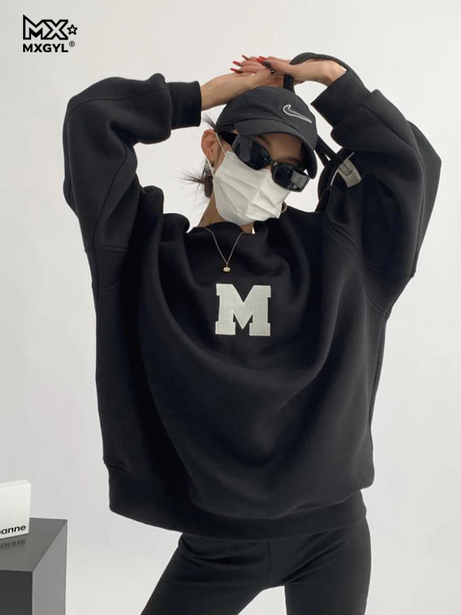 2025Retro Amerikanischen Grau Rundhals Sweatshirt Frauen Oversize Frühling Herbst Lose Schulter Top Volle Hülse Baumwolle Verdickt Winter