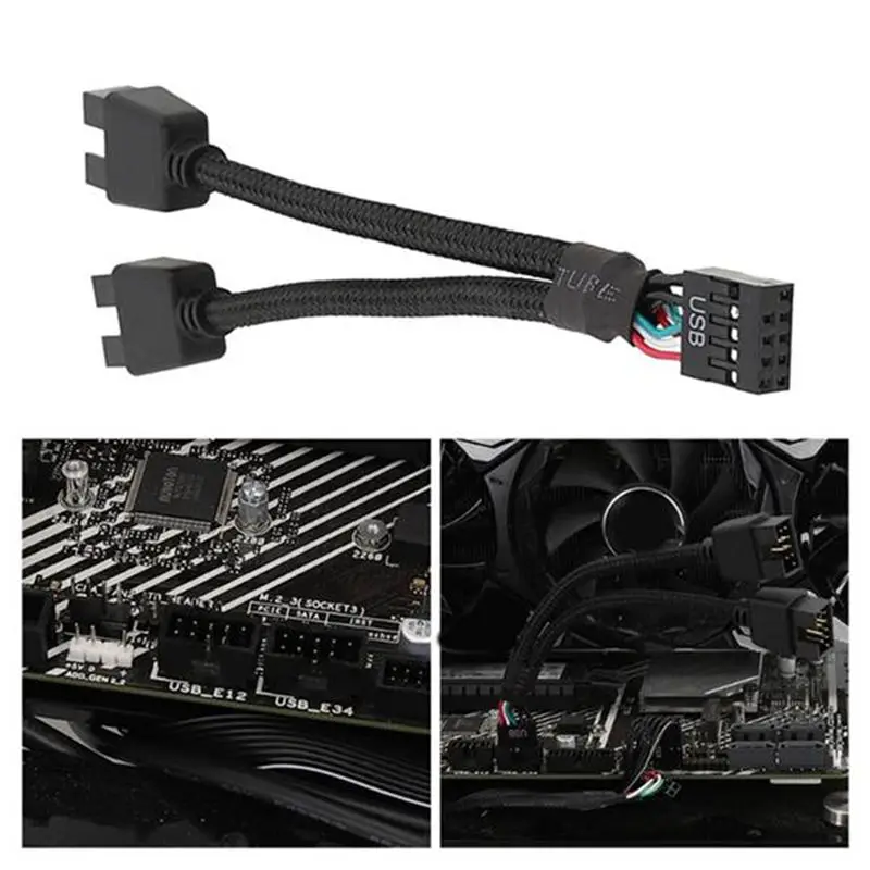 A53M-2Pcs Computer Motherboard USB 2.0 9 Pin To Dual 9 Pin Extension Cable Y Splitter Audio HD Extension Cable