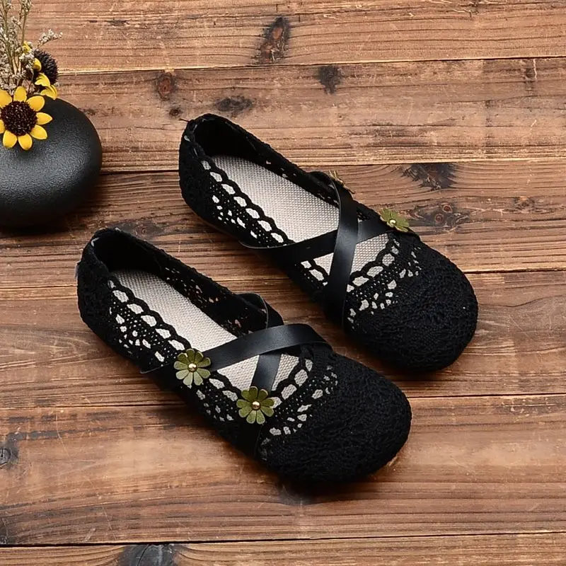 

New Summer Closed Toe Mesh Loafers Woman X shape Mary Janes Shoes for Women 2025 Breathable Cut-outs Ballerina Floral Flats