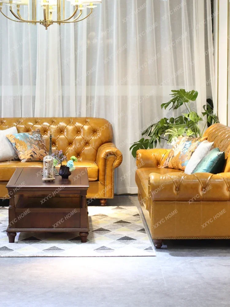 Cowhide Xiaomei Style Living Room Furniture Retro Pull Buckle Leather Sofa