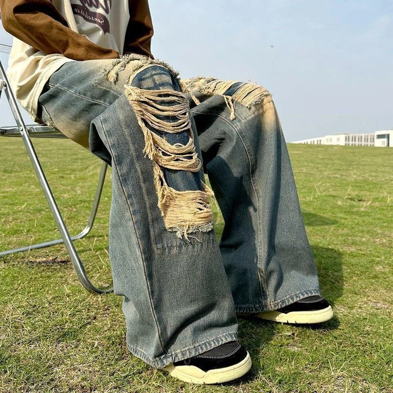 

Retro Hiphop Men's Jeans Loose Fit Fake Ripped Waed out Vintage Sle Casual Long Trousers by Tai eng Brand