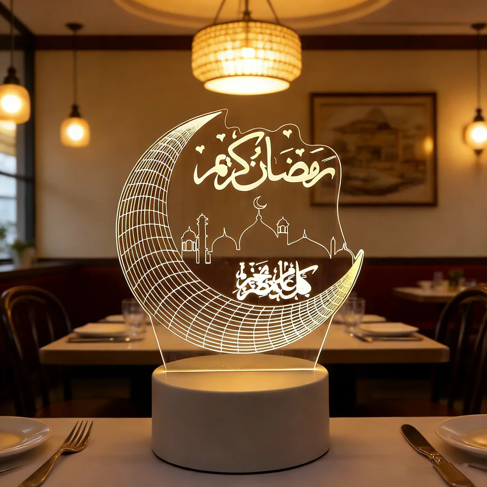 

3D Acrylic Night Light EID Mubarak Ornaments LED USB Operated Neon Lamp Bedroom Muslim Ramadan Festival Supplies Home Decor