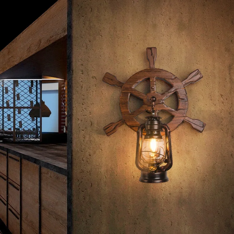 Industrial LED Ship Wheel Wall Light, Corrosion-Resistant Fixture, Glass Lampshade with High Transparency, Nautical Light