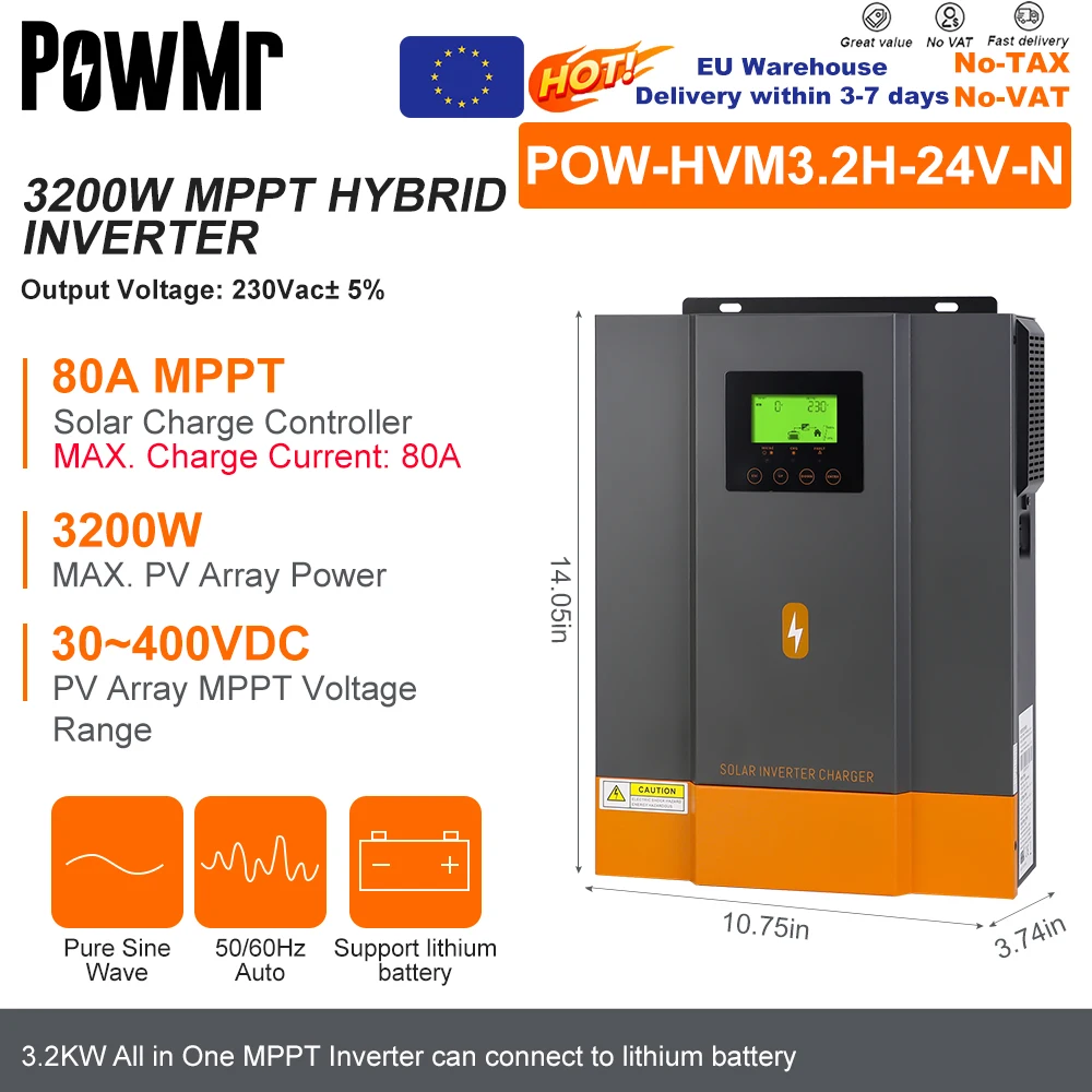 PowMr 6.2KW/4.2KW/3.2KW/2KW/2KW Hybride Omvormers 48V 24V 12V 220VAC Fotovoltaïsche Zuivere Sinus MPPT 120A 80A Solar Controller