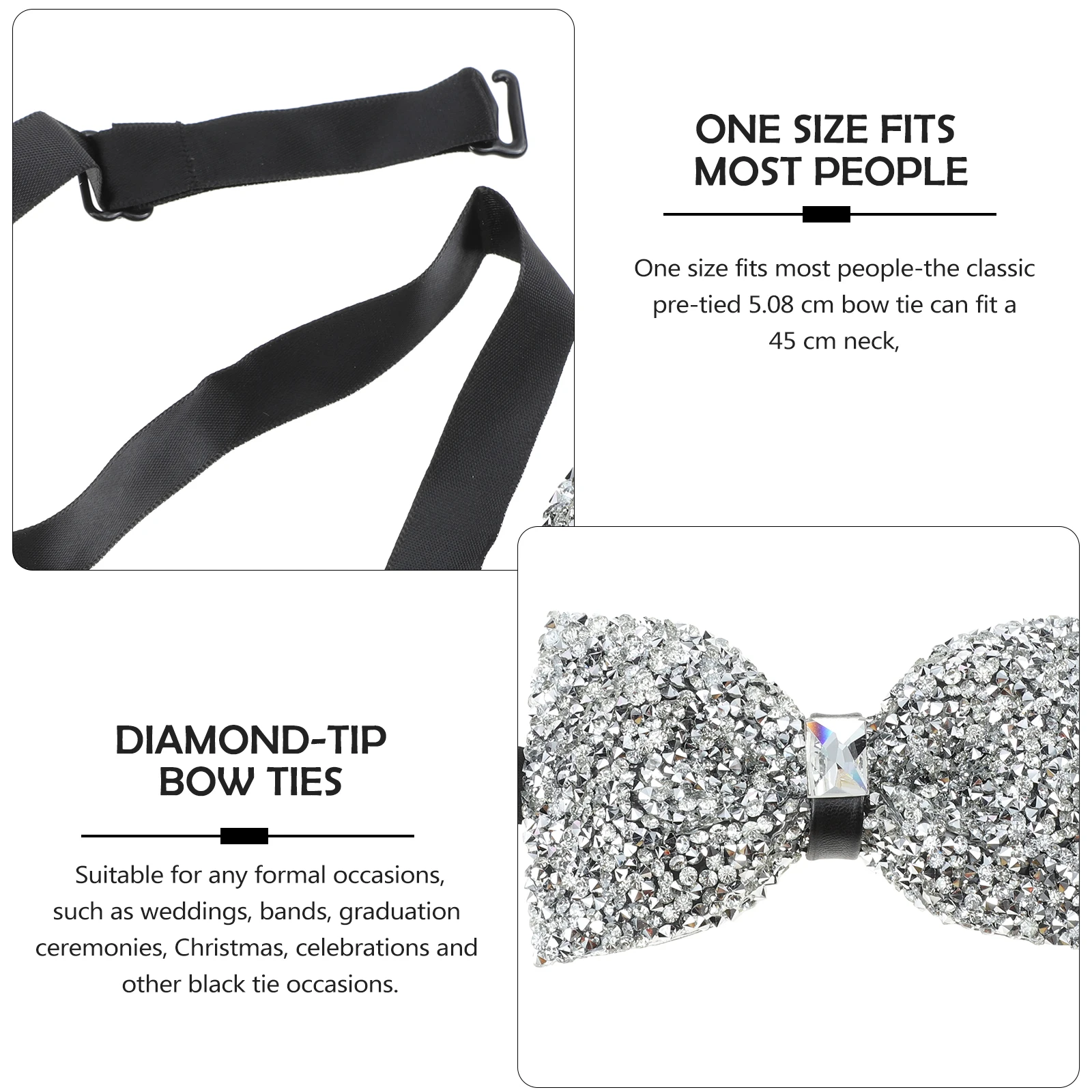 

2pcs Ties Sequin Rhinestone Pre Tied Men Adjustable Elastic Strap Pointy Clip Banquet Wedding Party Groom Groomsmen
