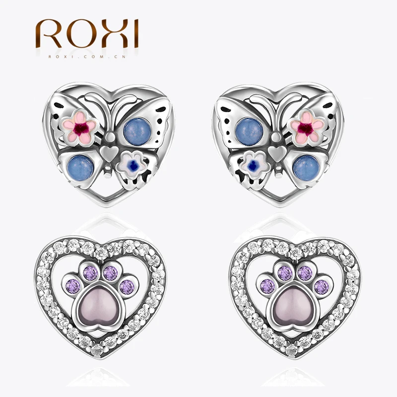 ROXI 925 Sterling Silver Heart Design With Cat Claw Moonlight Stone Stud Earrings For Women Butterfly Enamel piercing earrings