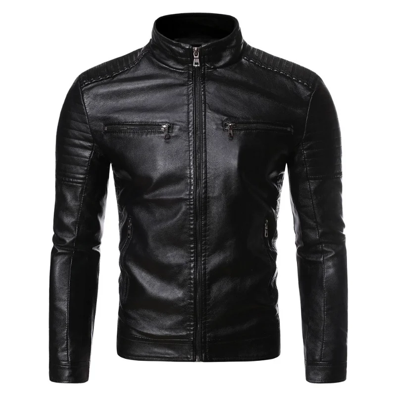 

Slim Simple and Trendy Men's Leather Casual Washed Motorcycle Pu Leather Jacket