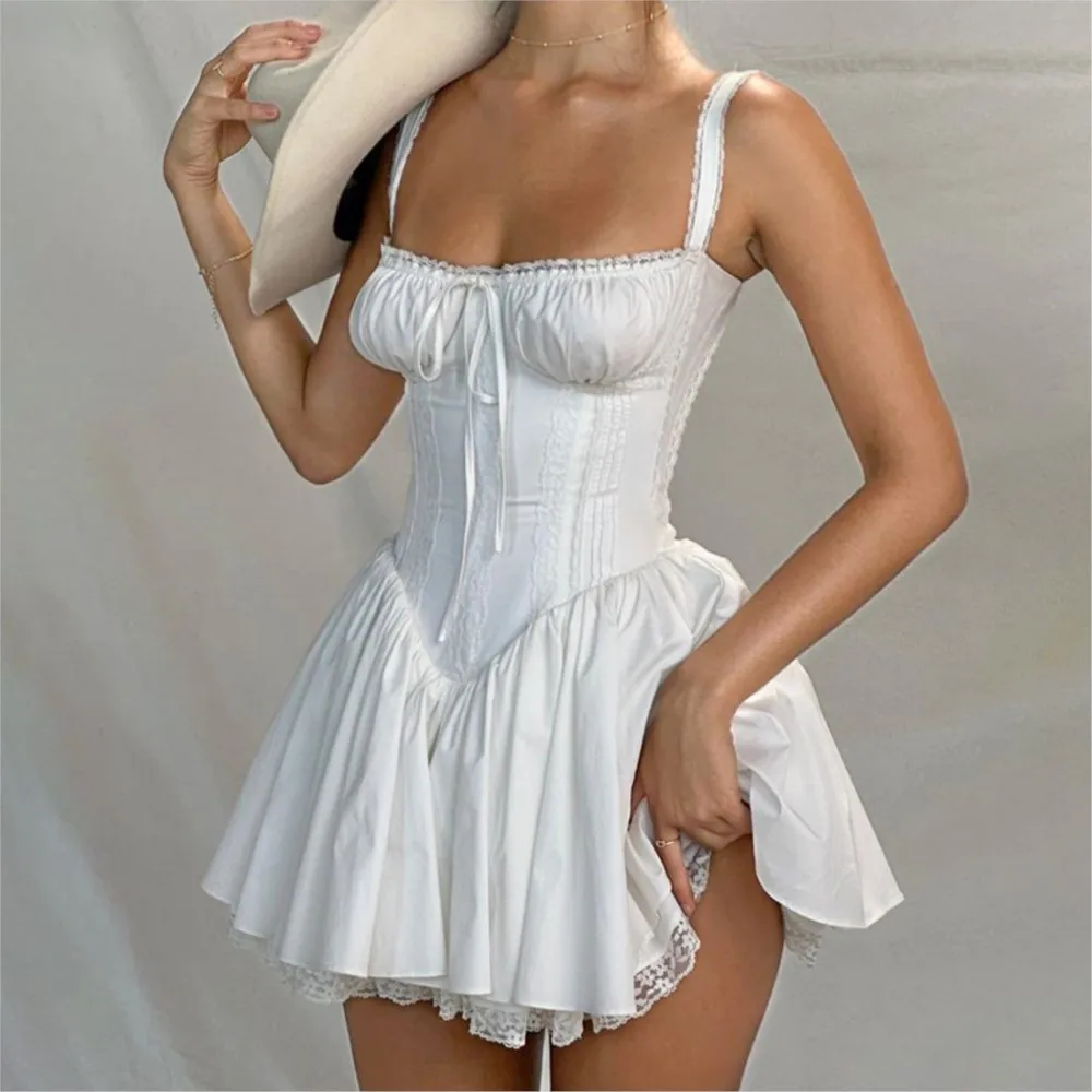 

Lace Splicing Mini Dress For Summer Elegant Sexy Sweet Hot Girl Style High-waisted Pleated Suspender A-line Dresses Ropa Mujer