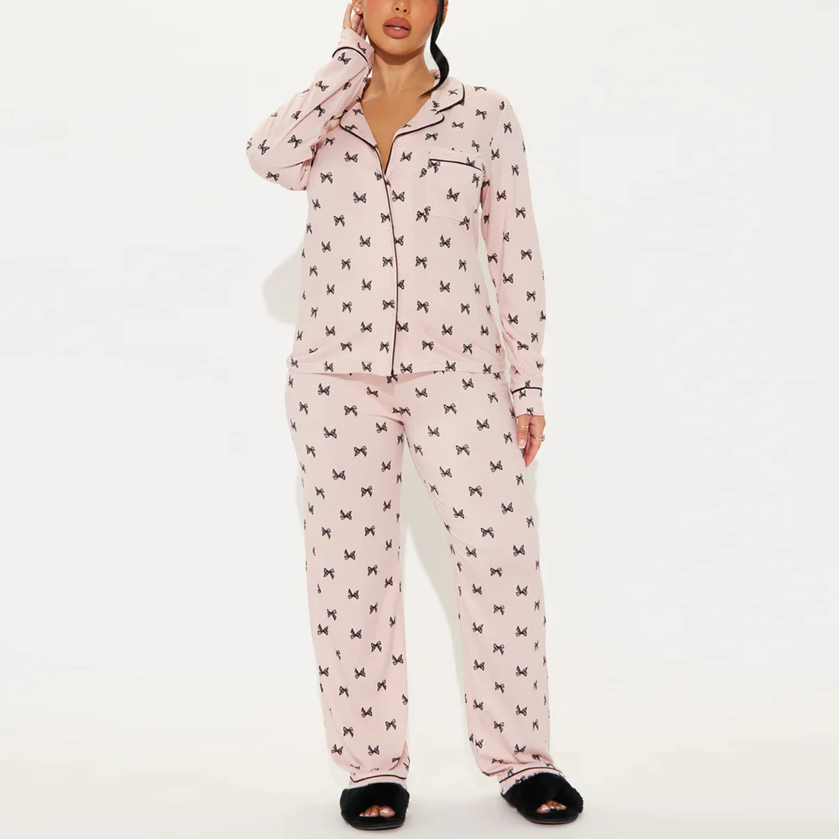 

Блузки с длинным рукавом для сна, женские пижамные комплекты для отдыха, кардиган, однобортные прямые брюки до щиколотки, повседневные, 2025 г., свободные