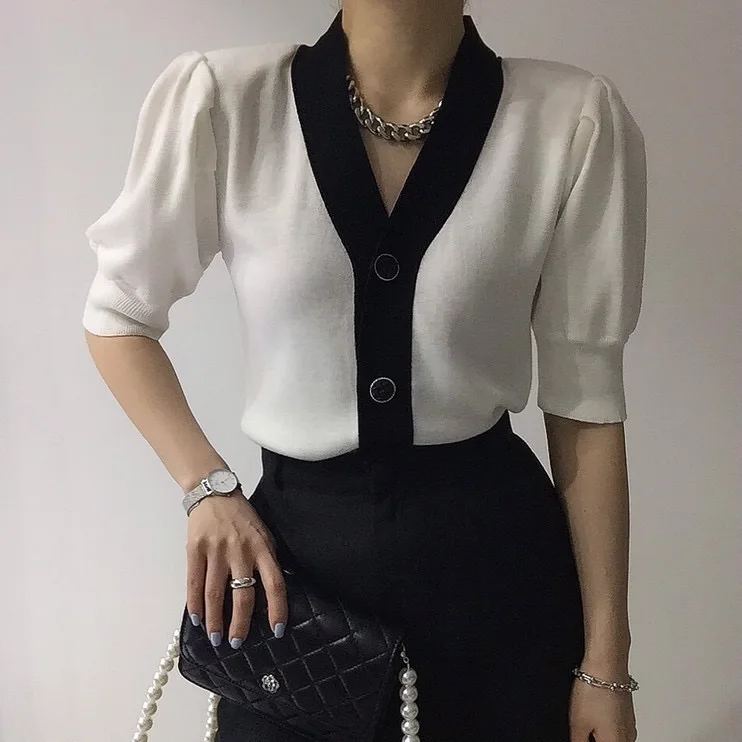 Suéter de Punto Retro con Cuello en V y Manga Corta para Mujer, Verano 2025, Nuevo Diseño Coreano, Cárdigan ro Abierto, E...