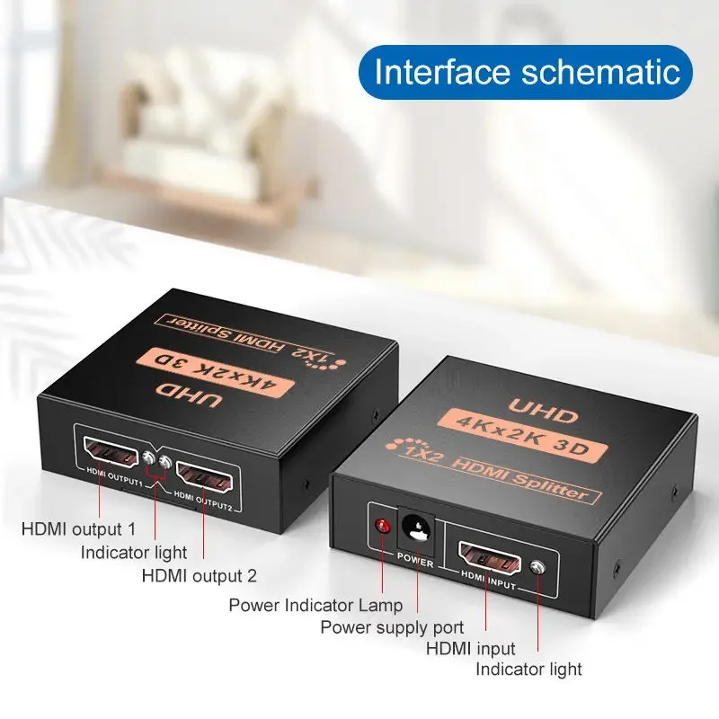 4K*2K HDMI Splitter 1 in 2 out HDMI Video Distributor 1x2 1x4 for 1 Source to 2/4 Screens Duplicate Display PC Monitor Projector