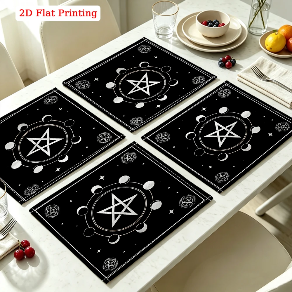 2Pcs Gothic Pentagram Placemat Black Moon Phase Star Print Table Mat Kitchen Dining Decor Non Slip Heat Resistant 30X40Cm
