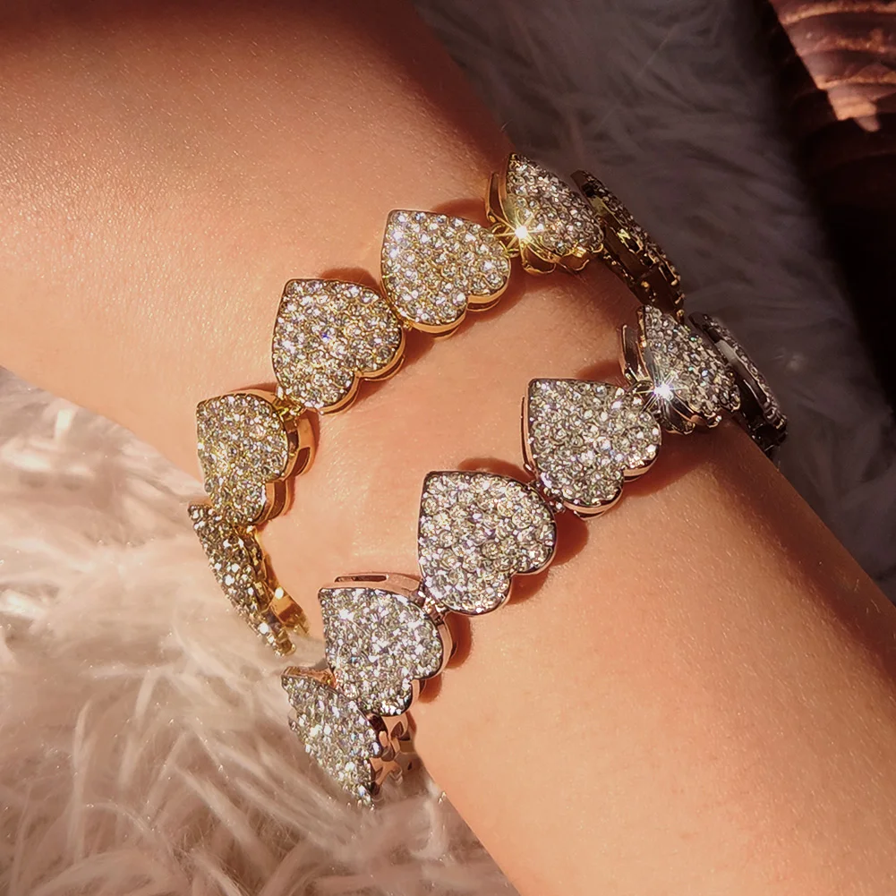 New Trendy Iced Out Full Rhinestones Heart Bracelet For Women Bling Love Heart Hand Link Tennis Chain Bracelets Hip Hop Jewelry