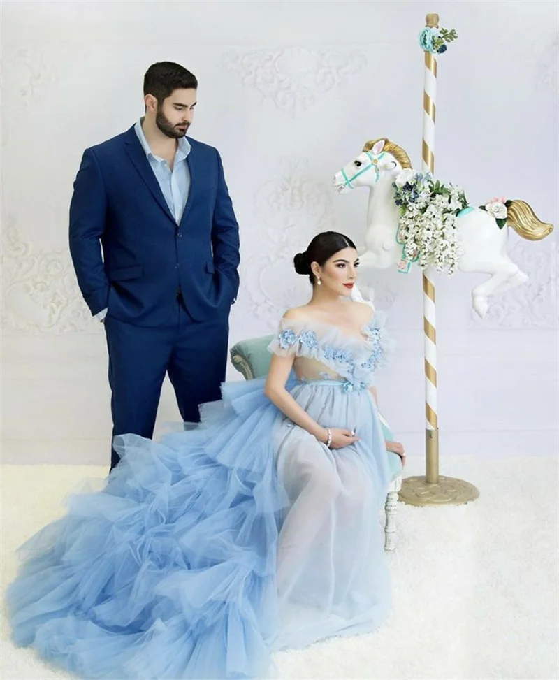 Blue Sheer Women Maternity Prom Dress Photoshoot Formal Pregnant Sexy Tiered Tulle Bridal Morning Robe Customized Night Gown