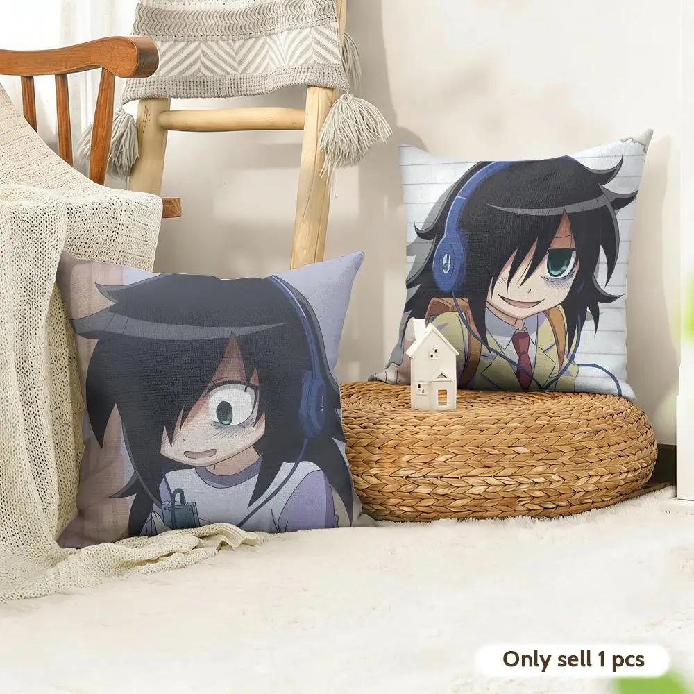 Watamote T-Tomoko Kuroki Cushion Cover Natural Linen Organic Fabric Double-Sided Printing Room Sofa Decor Pillow Case