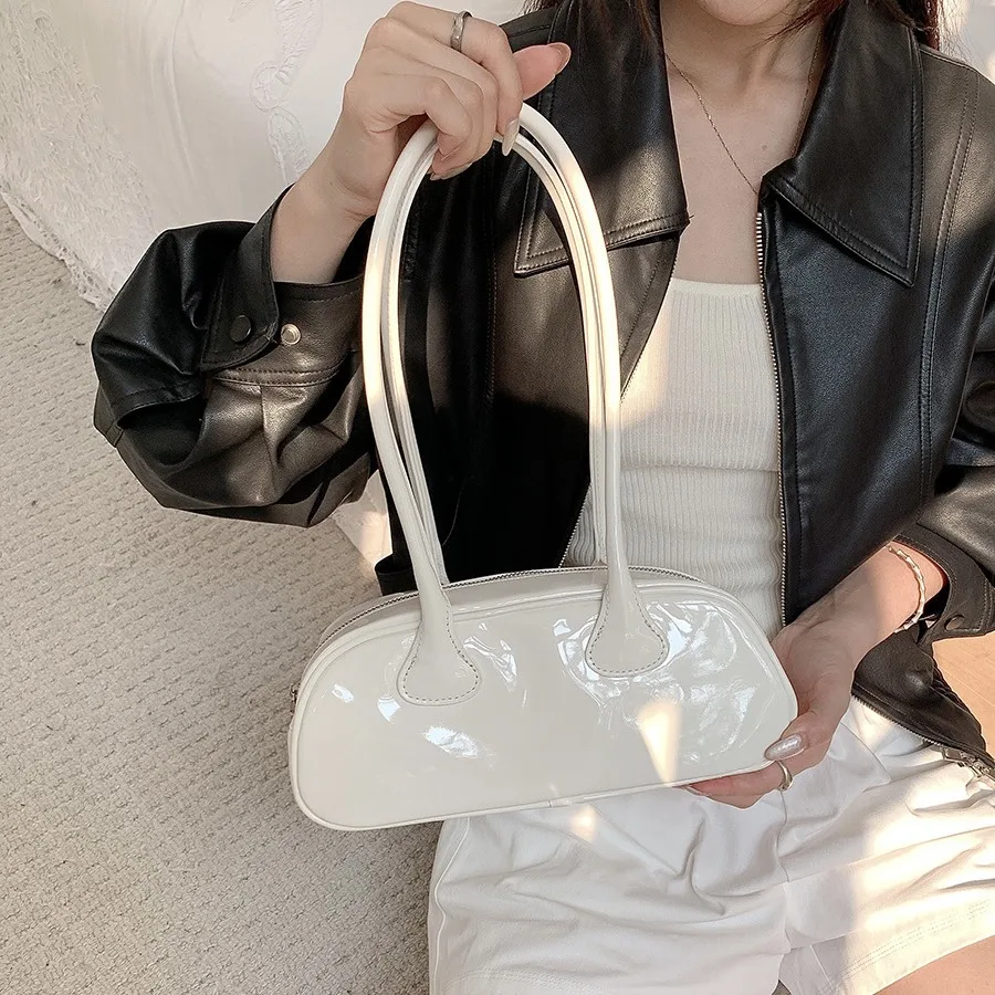 Patent Leather Small Cute Underarm Shoulder Bags for Women 2024 Trend Design Leather Handbags and Purses Y2K Silver Hand Bag