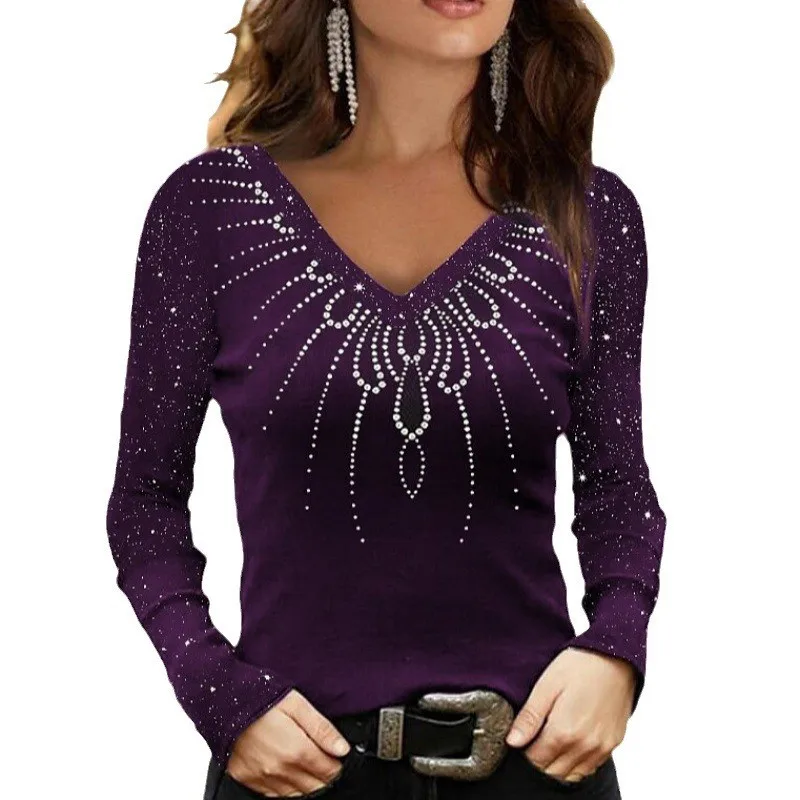 Women Bodycon T-shirt Slim-fit Base Blouses Fall Long Sleeved Fashion Sequin Print Pullover V Neck Casual Tops Women Clothing