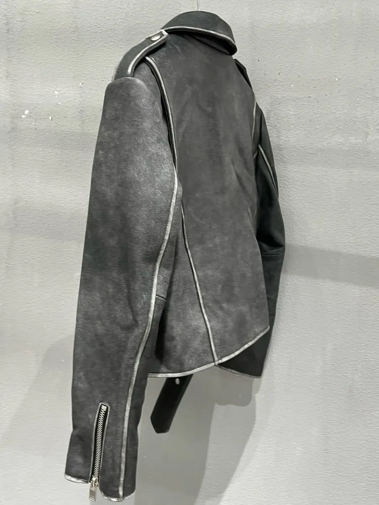Giacca in vera pelle fatta a mano con risvolto stile casual, telai con cerniera ampia, maniche lunghe, capispalla da motociclista in pelle di pecora da donna