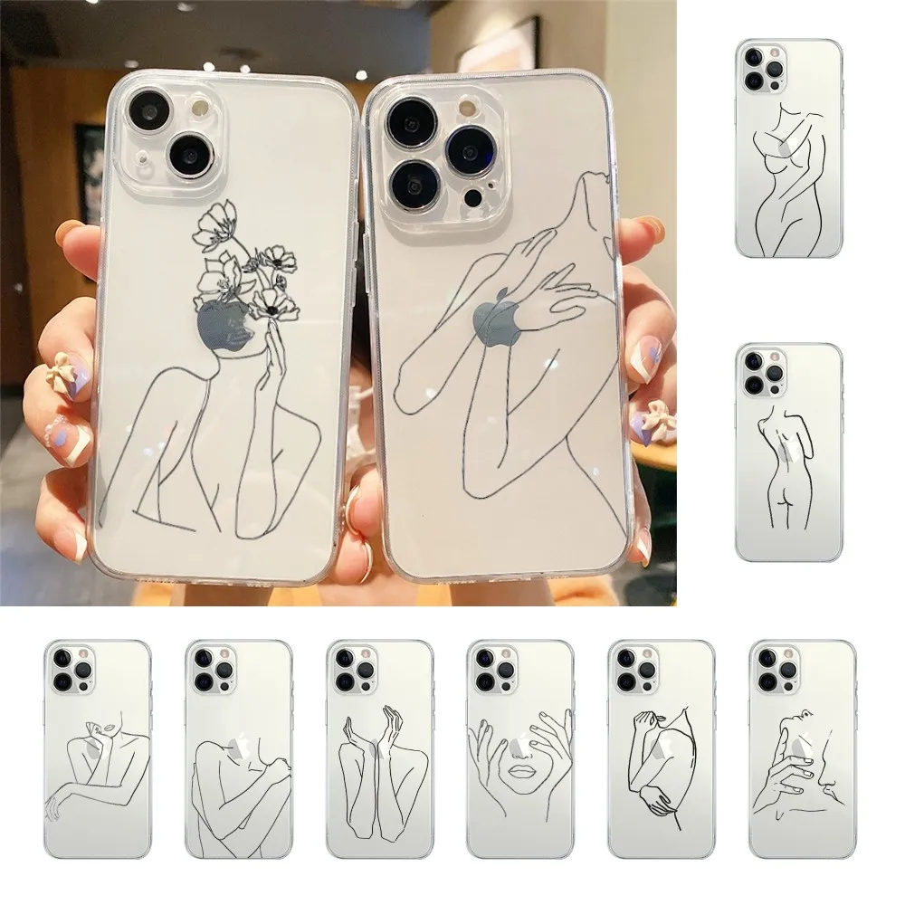 Body art printed lines Phone Case For Iphone 15 11 13 14 Pro Max 7 8 Plus X Xr Xs Max Se2020 12mini Transparent Cover