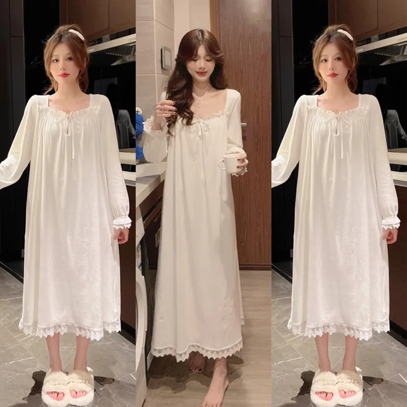 Long-Sleeved Princess Style Nightgown Loose Large Size Can Be Worn Outside the Home Wear Summer Women\'s Pajamas Lace White Korea