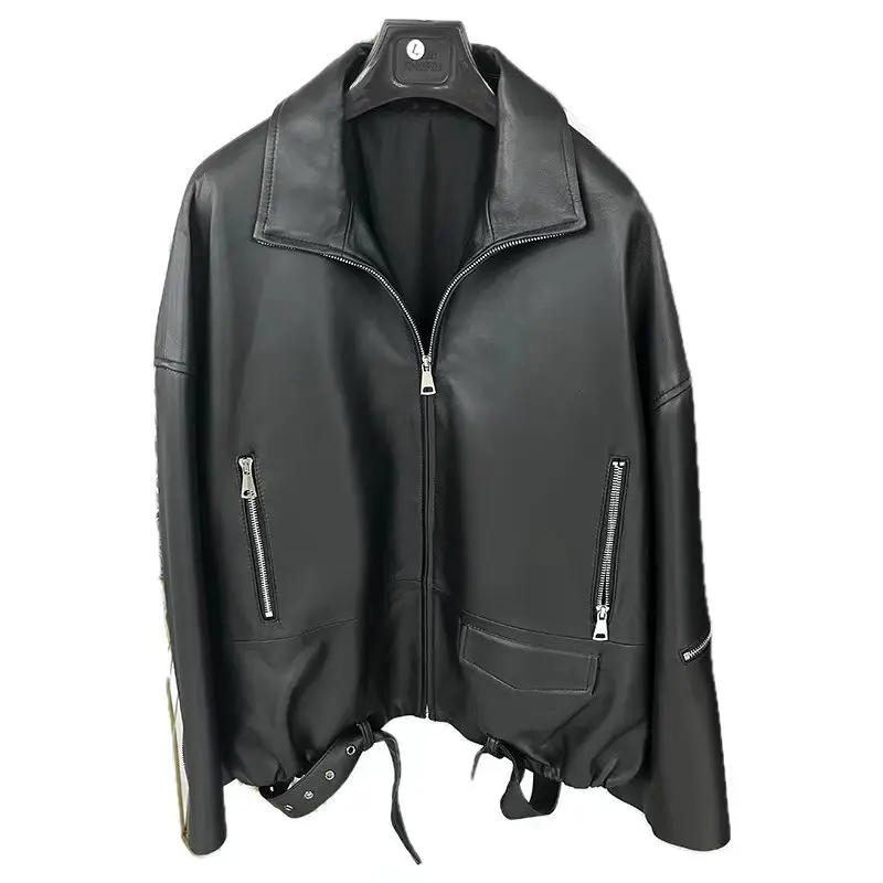 2025 new style women leather jacket with turn down collar and black color real and natural sheepskin short coat