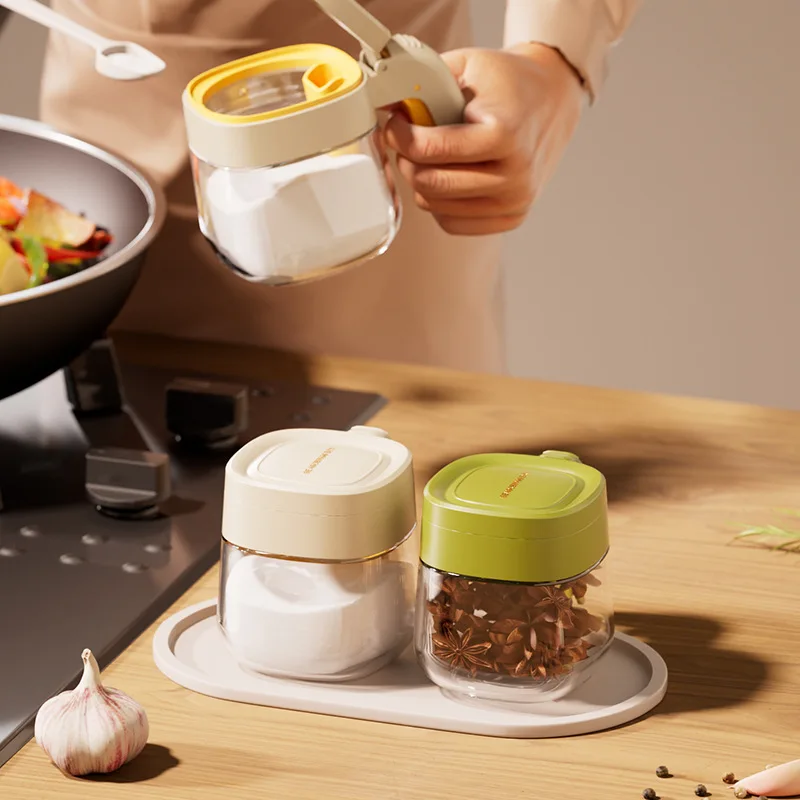 Creative Kitchen Glass Spice Jar with Spoon Flip Top Single Handle Press Type Seasoning Container