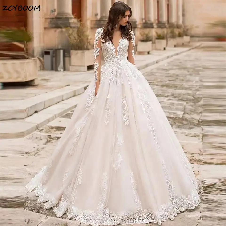 Elegant Tulle Appliques Long Sleeves Ball Gown Wedding Dress 2023 Illusion V-Neck Women Bride Gowns Court Train Vestido De Noiva