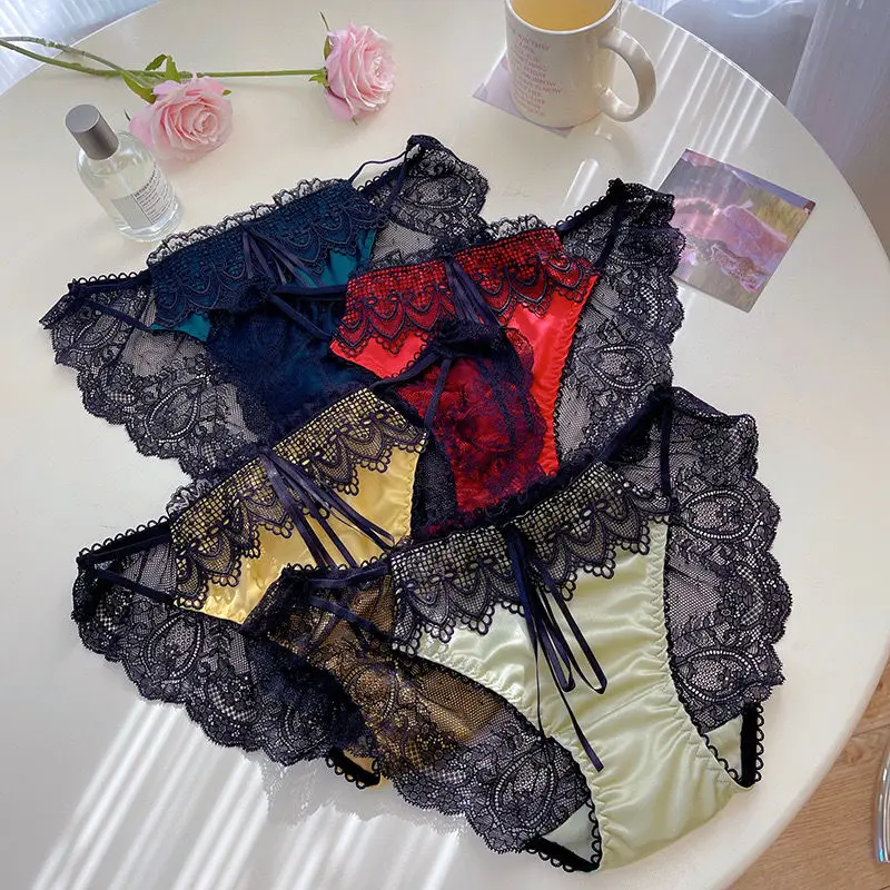 Women Panties Lingerie French Underwear Aristocrat Silk Satin Lace Sexy Patchwork Fashion Breathable Thin Triangle Panties New