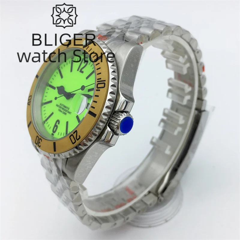 BLIGER 40mm fluorescent green all-luminous dial sapphire glass Japan NH35 Automatic Men\'s Watch Date 10ATM Diver rotating bezel