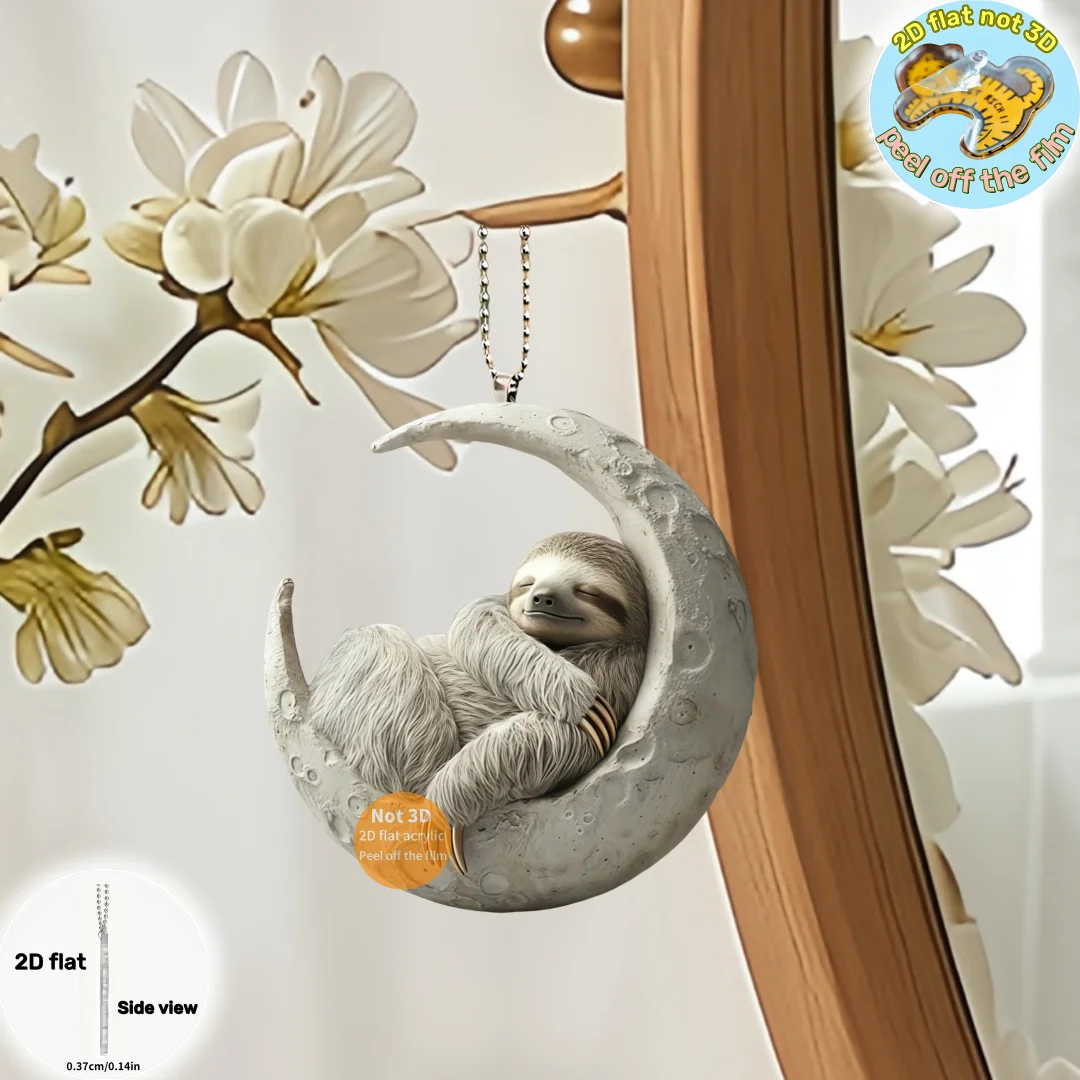 2D Sloth on The Moon Pendant Flat Acrylic Keychain Ornament Charms for Car Mirror,Backpacks,Home,Graduation Festive,Gift & Decor