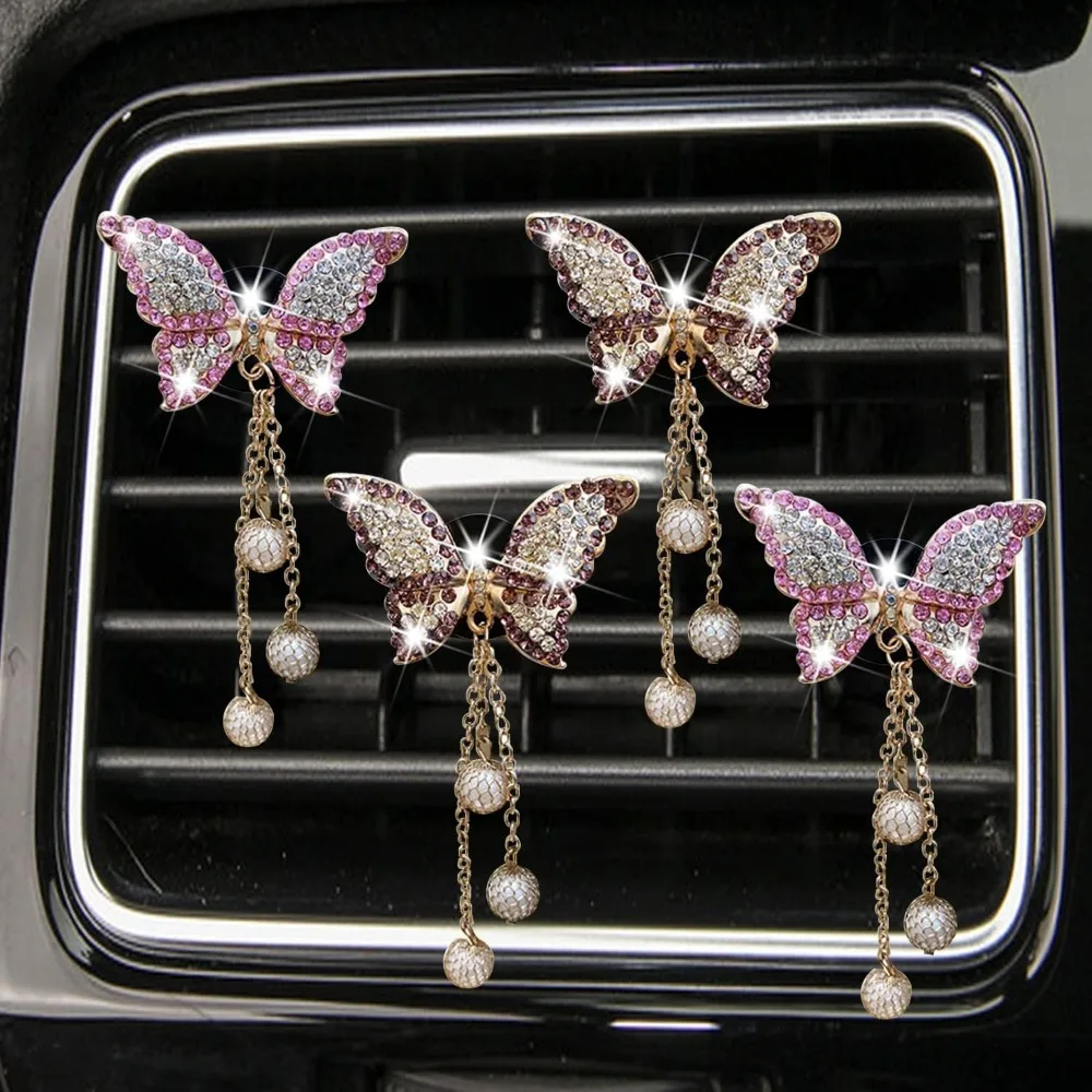4 in 1 bling butterfly aromatherapy air vent clips, diamond pearl pendant butterfly car air fresheners, cute car decoration, int