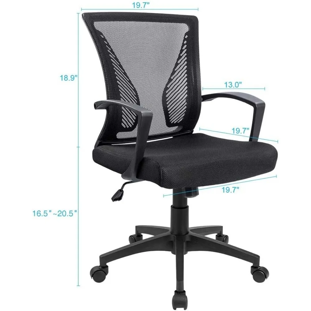 Mid Back Swivel Lombar Support Office Chair, Computador Ergonômico Mesh Chair com Braço, Mesa Preta