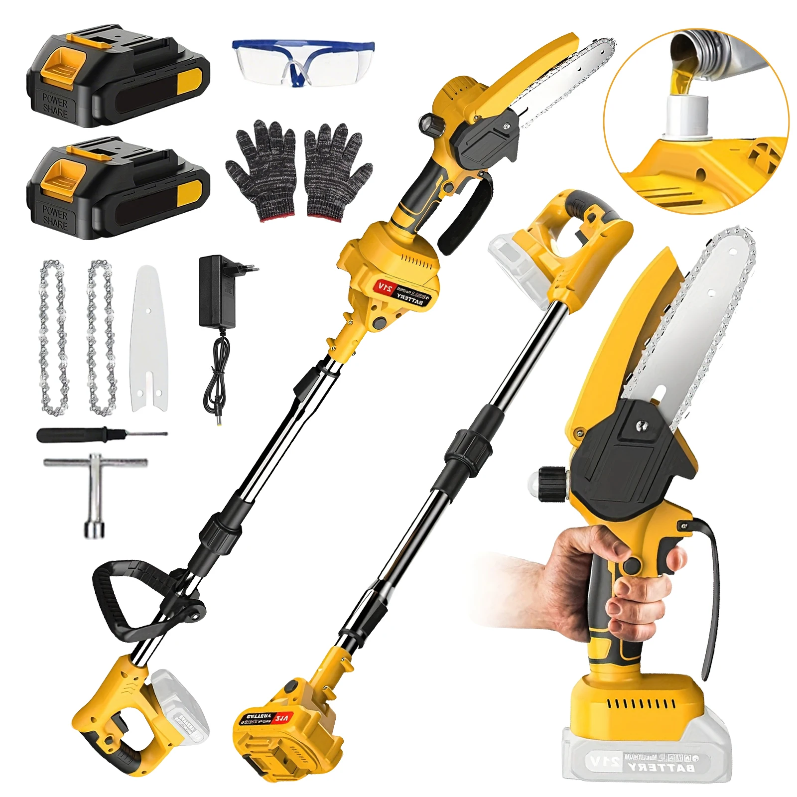 Scie électrique sans fil de 6 pouces, scie à perche télescopique, scie à perche pour jardinage, outil de coupe, compatible avec les batteries 21V
