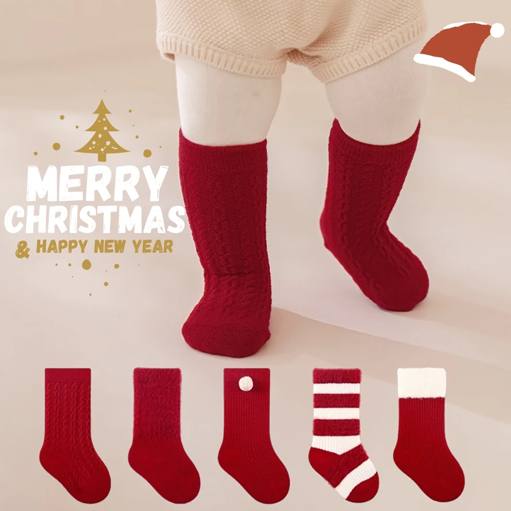 Kids Thicken Socks 0-12T Christmas Day Sweet Red Girls Knee-high Socks Fleece Padded Warm Children Socks
